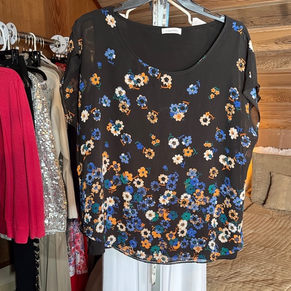 Calvin Klein Women’s Sheer Floral Blouse Top Black Multi Size L - Picture 1 of 7